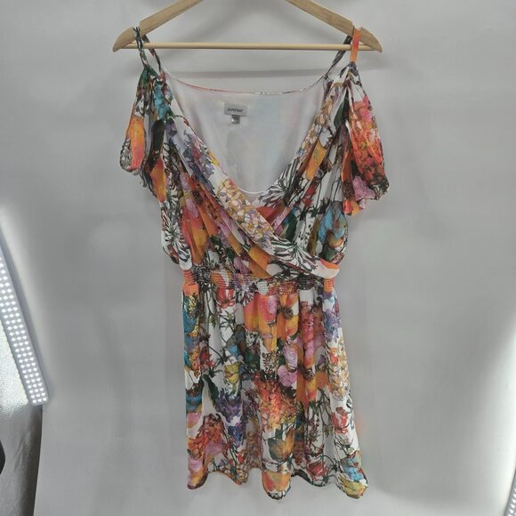 Avenue White Floral Open Flowy Shoulder Lined Above Knee V-Neck Dress Size 14/16 - Picture 1 of 11